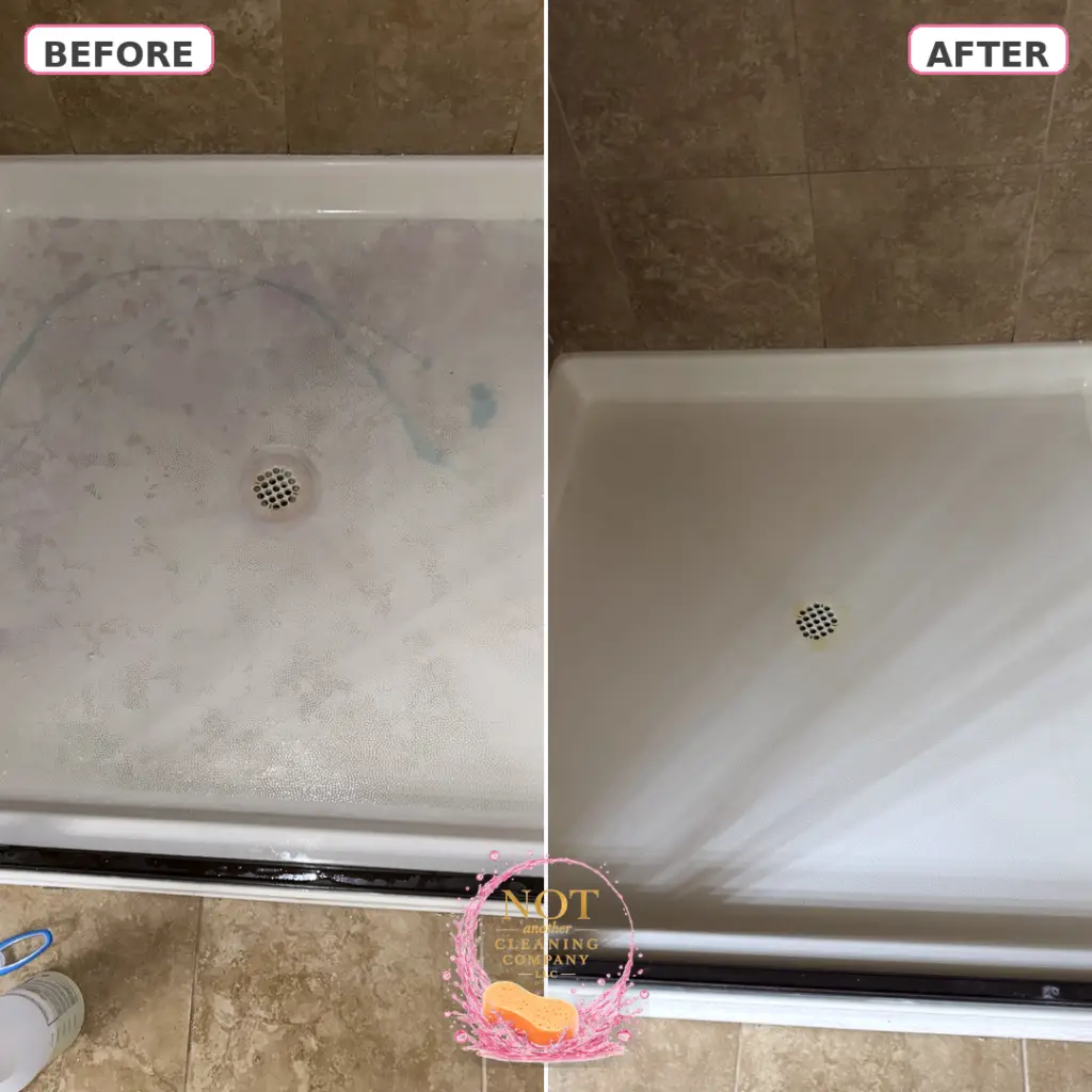 Before and after deep cleaning of a shower pan, hard water residue removed in Fuquay Varina NC