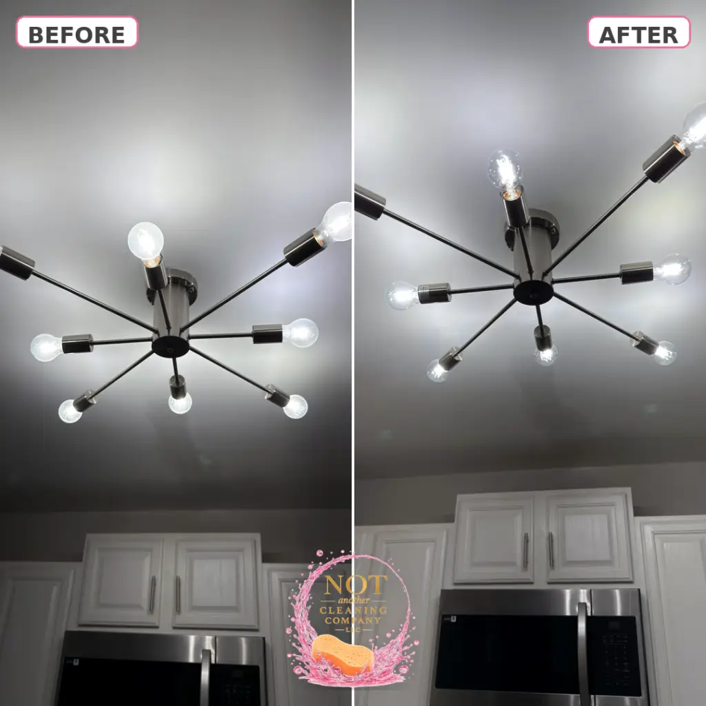 Before and after cleaning of a sputnik ceiling light fixture during a move-in clean in Wake Forest NC