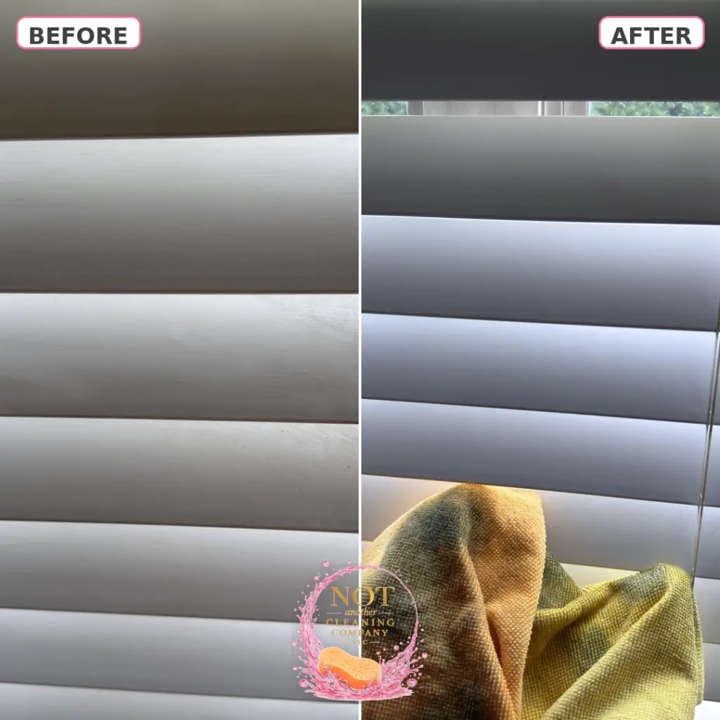 Before and after dusting and cleaning of white window blinds in Fuquay Varina NC