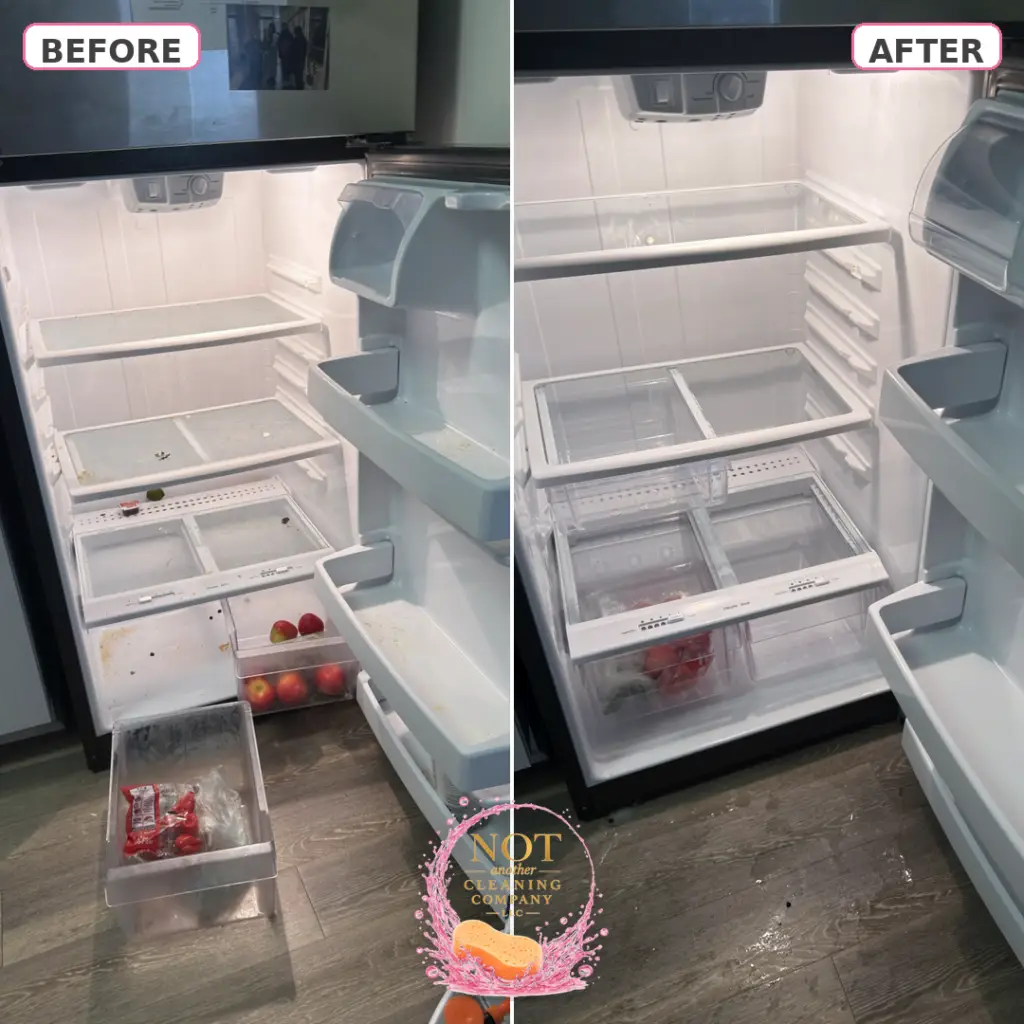 Before and after deep cleaning of a refrigerator interior, shelves and drawers cleaned in Holly Springs NC