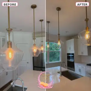 Before and after cleaning of glass pendant lights over a kitchen island in Garner NC
