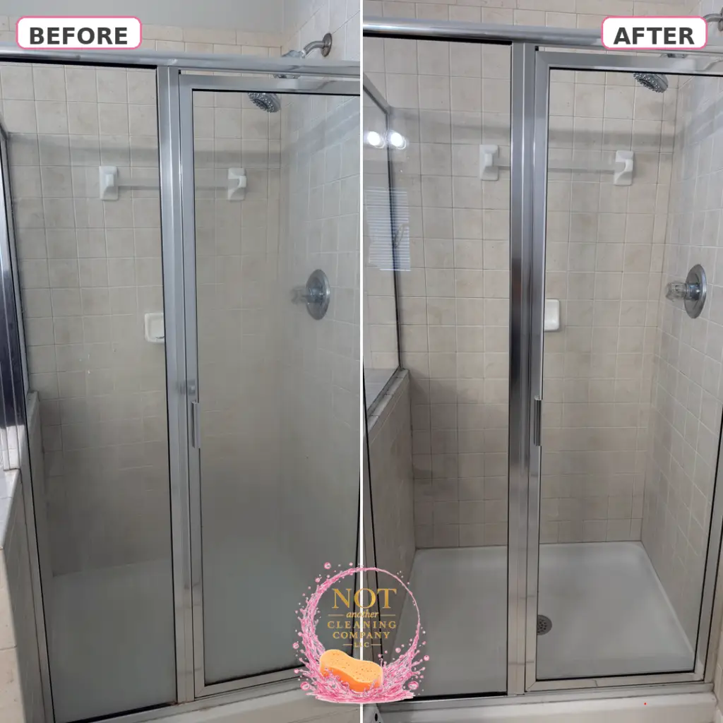 Before and after cleaning of a glass shower door and tile, soap scum removed in Cary NC