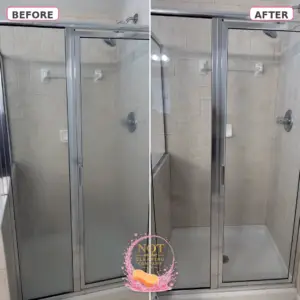 Before and after cleaning of a glass shower door and tile, soap scum removed in Cary NC