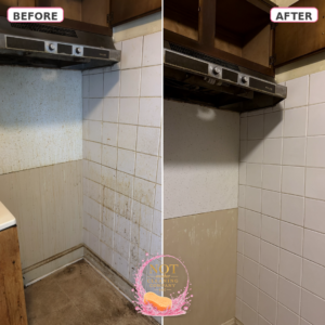 Before and after move-out cleaning of a kitchen range hood and tile wall in Raleigh NC, smoke damage and caked-on grease removed
